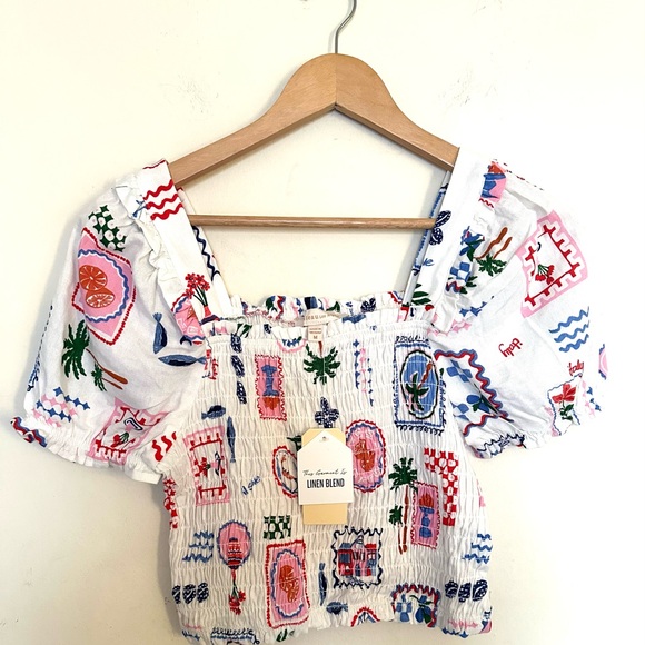 Monteau White CropTop Linen Blend Women’s Sz Medium Colorful print‎ NWT - Picture 2 of 8